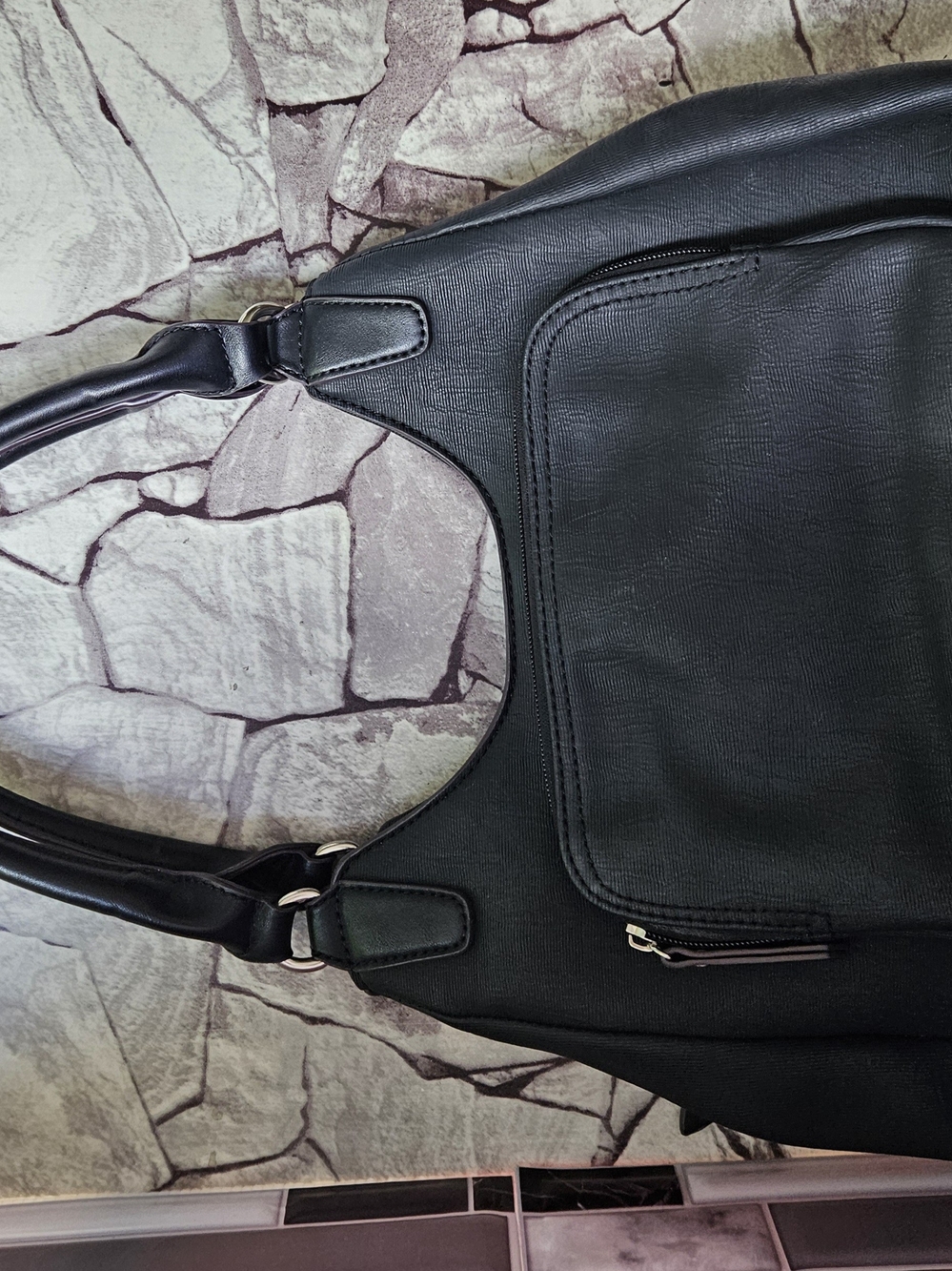 Classic Black Shoulder Tote with Front Zip and Snap Pocket - Picture 5 of 16